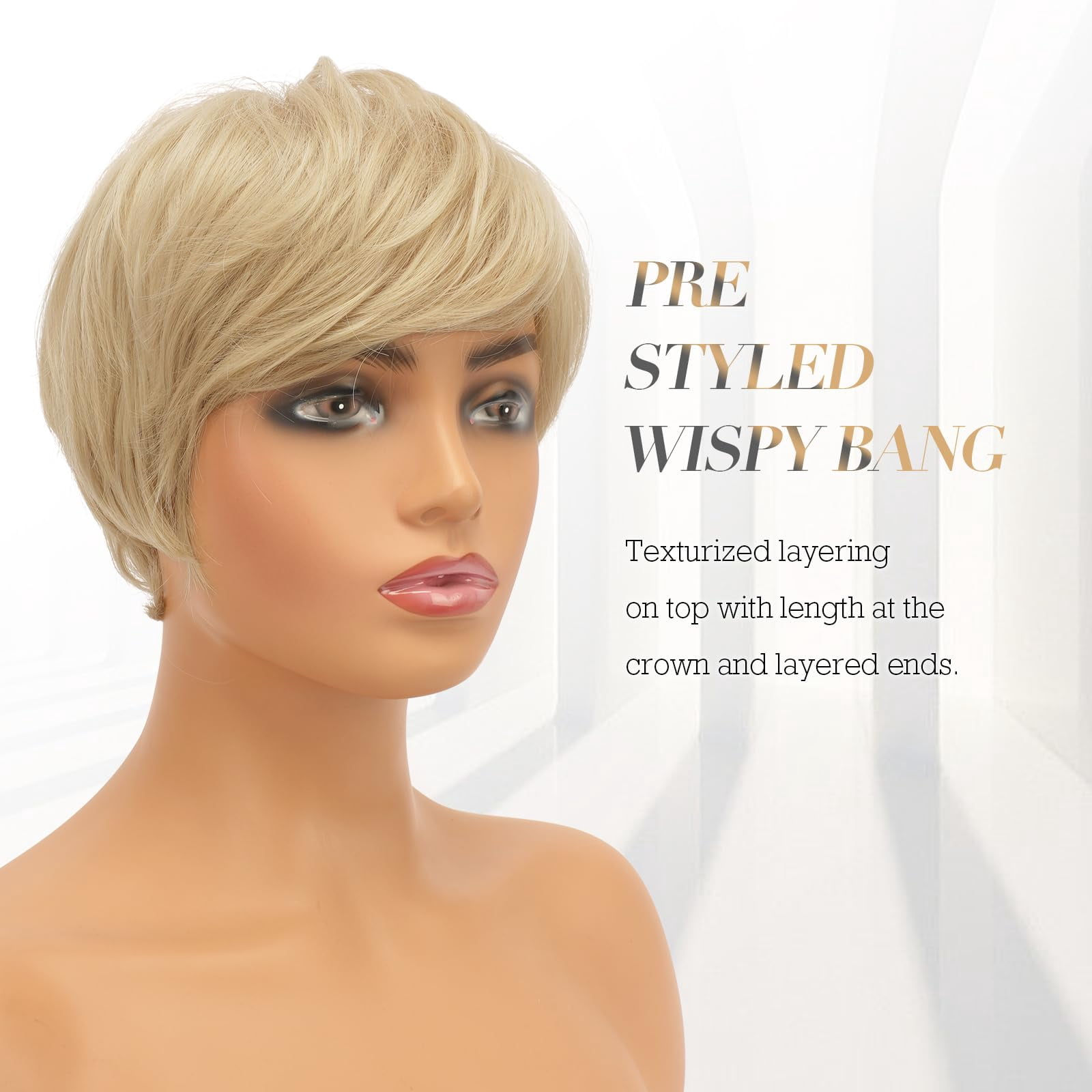 Layered Pixie Cut Wigs Synthetic Short Ombre Gray Wavy Grey to Black Glueless Wig for Women with Bangs