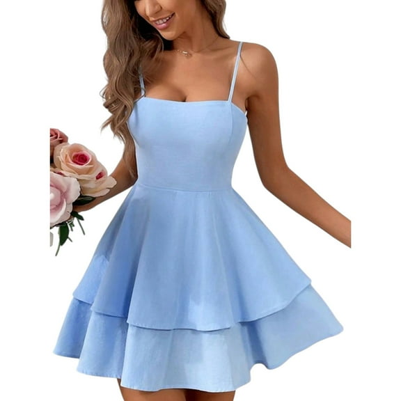 Women's Spaghetti Strap Tie-Back Skater Mini Dress – Tiered Ruffle A-Line Fit  Flare Party Dress Cute Sexy Short Summer Outfit
