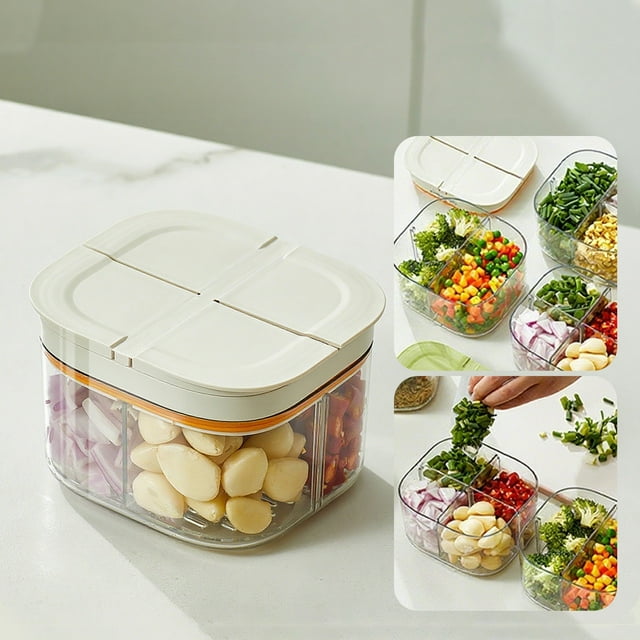 Contenedor de almacenamiento de alimentos de 4 compartimentos con cesta de drenaje extraíble | Organizador de cocina hermético a prueba de fugas para frutas, verduras y ensaladas