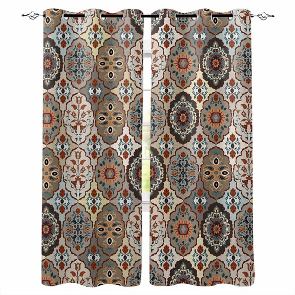 Abstract Flower, Blackout Curtains 63 Inches Long for Bedroom, Oriental Bohemia Brown Geometric Leaves Thermal Insulated Room Darkening Black Out Window Curtain Panels Grommet Drapes for Living Room