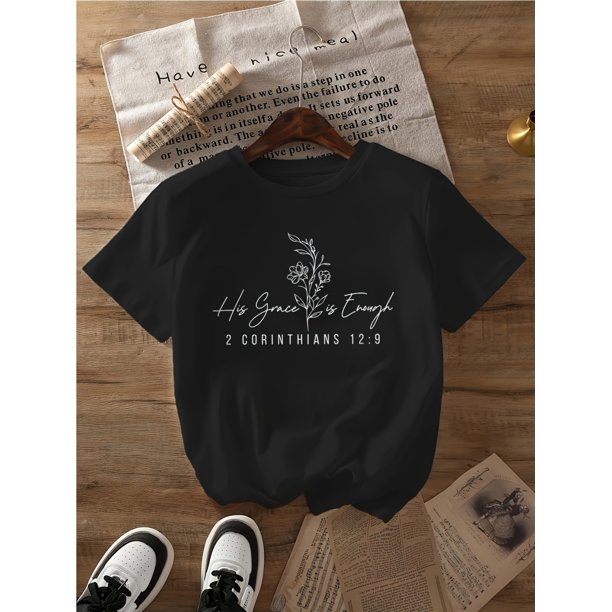 Girl's Christian Graphic T-Shirt - "His Grace is Sufficient" Design with Floral Geometric Print, Black & White Casual Short Sleeve Round Neck Top, Machine Washable Summer Spring Faith-B