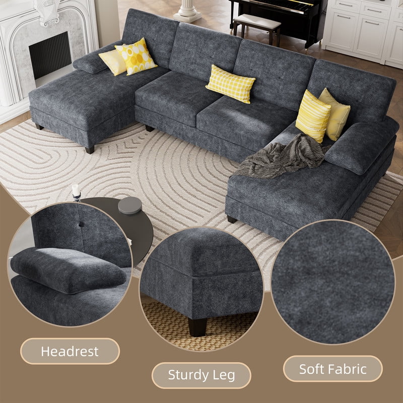 Walsunny Modern U-Shape Sectional Sofa for living room, Chenille Fabric Modular Couch, 4 Seat Oversized Sofa with Chaise for Apartment,White