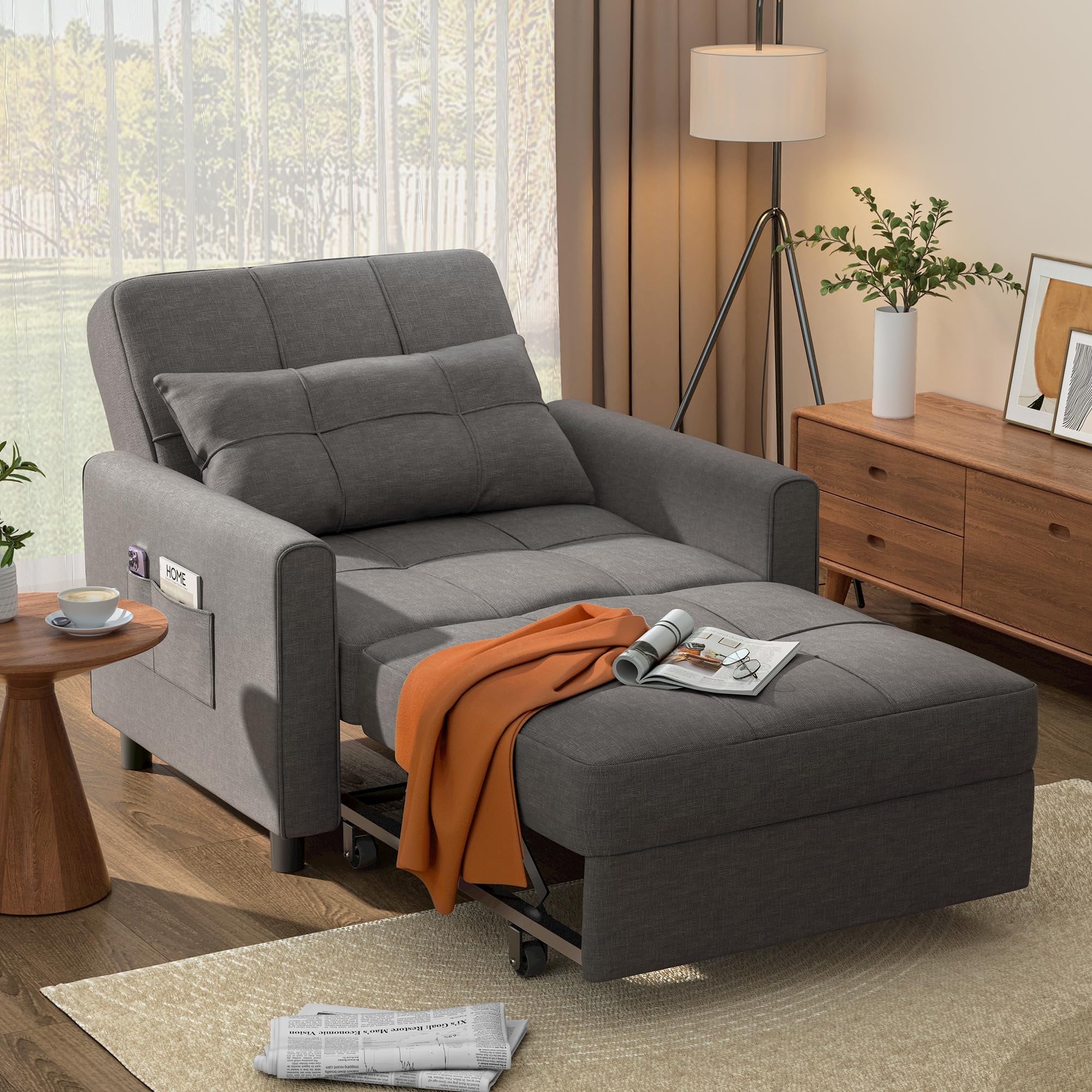 Couch Bed, Lofka Convertible Sofa and Couch Bed with Adjustable Backrest, Dark Gray Recliner