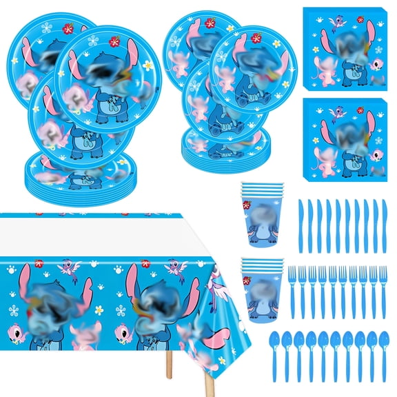Stitch Birthday Party Tableware Set, Plates and Napkins Set Includes Plates, Napkins, Paper Cups, Tablecloth for Birthday