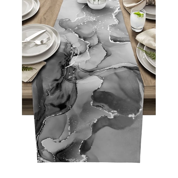 Table Runner Dresser Scarves 90 Inch Long, Gary Marble Agate Texture Linen Dining Table Runners Classic Black Natural Stone Tabletop Scarf for Wedding Holiday Party Kitchen