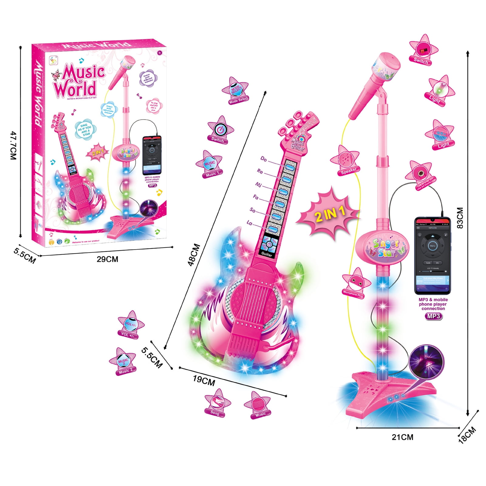 Hinzonek  kid Electric Guitar Kit with Microphone,Guitar Toys with Music&Colorful Light,Adjustable Height Microphone with Stand,Karaoke Toys Gift for Boy,Girls,Toddlers