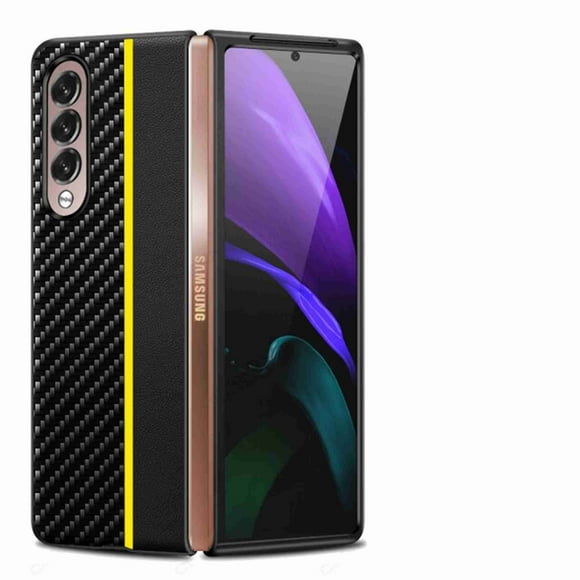 Dteck Samsung Galaxy Z Fold 3 Case, Carbon Fiber Texture Leather Case for Samsung Z Fold 3 (7.6"), Shockproof 360 Full Protection Fold 3 5G Funda Cover(Yellow)
