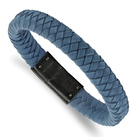 Chisel Stainless Steel Brushed Light Blue Leather Braided 8.25 Inch Bracelet