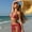 Red, variant on Boho Starfish Embellished 3-in-1 Bikini Set, Vertical Ribbed String Bikini With Sheer Mesh Sarong Tropical Vacation Bathing Suit