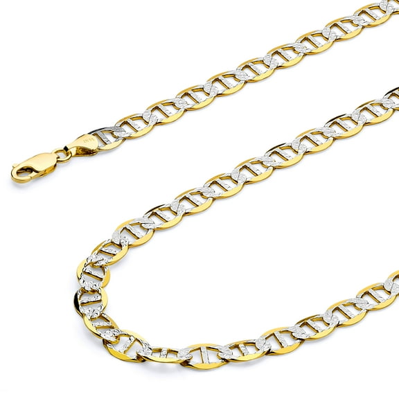 Wellingsale 14k Yellow Gold Polished Solid 6.5mm Flat Mariner White Pave Diamond Cut Chain Necklace - 24"