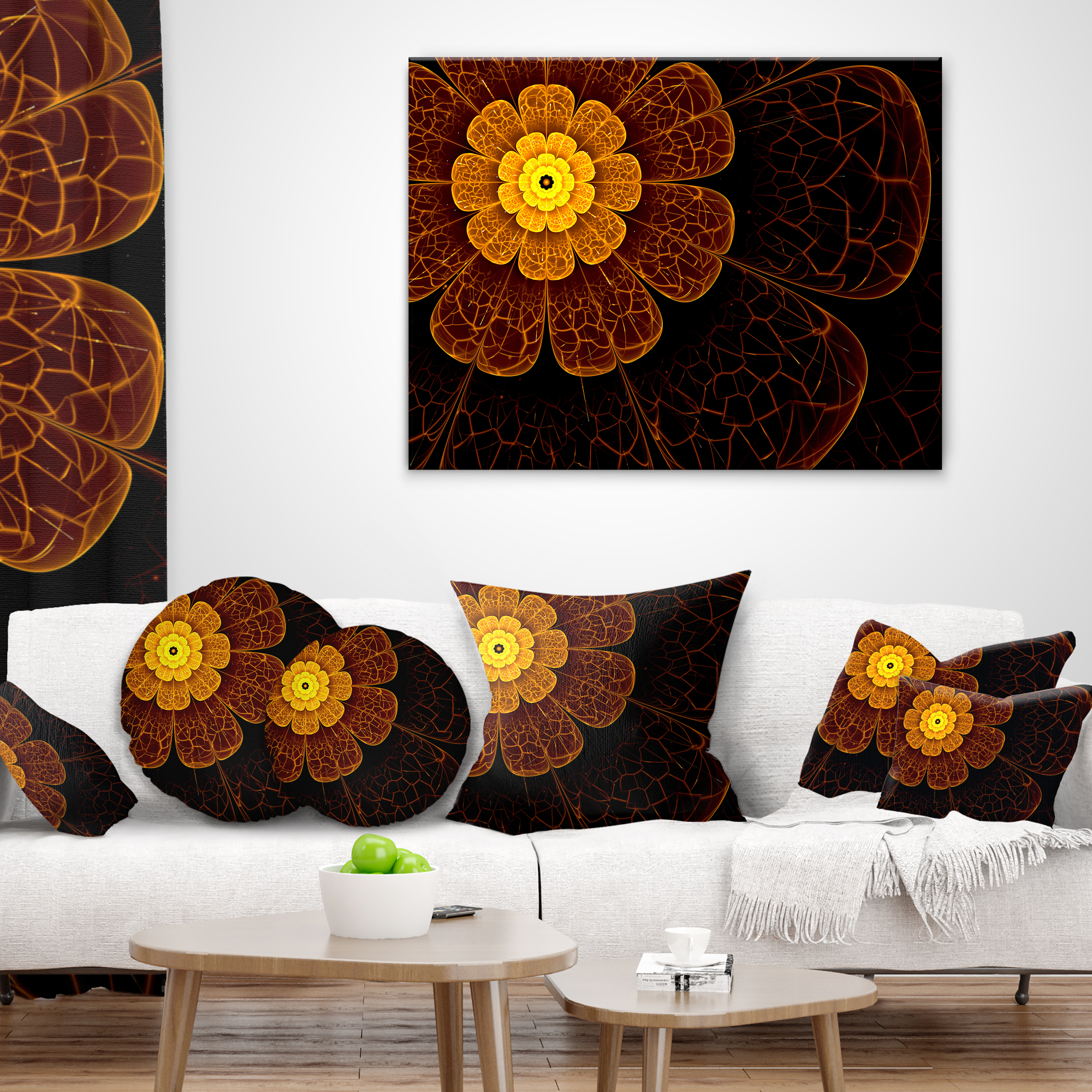 Designart Symmetrical Orange Fractal Flower - Floral Throw Pillow - 12x20