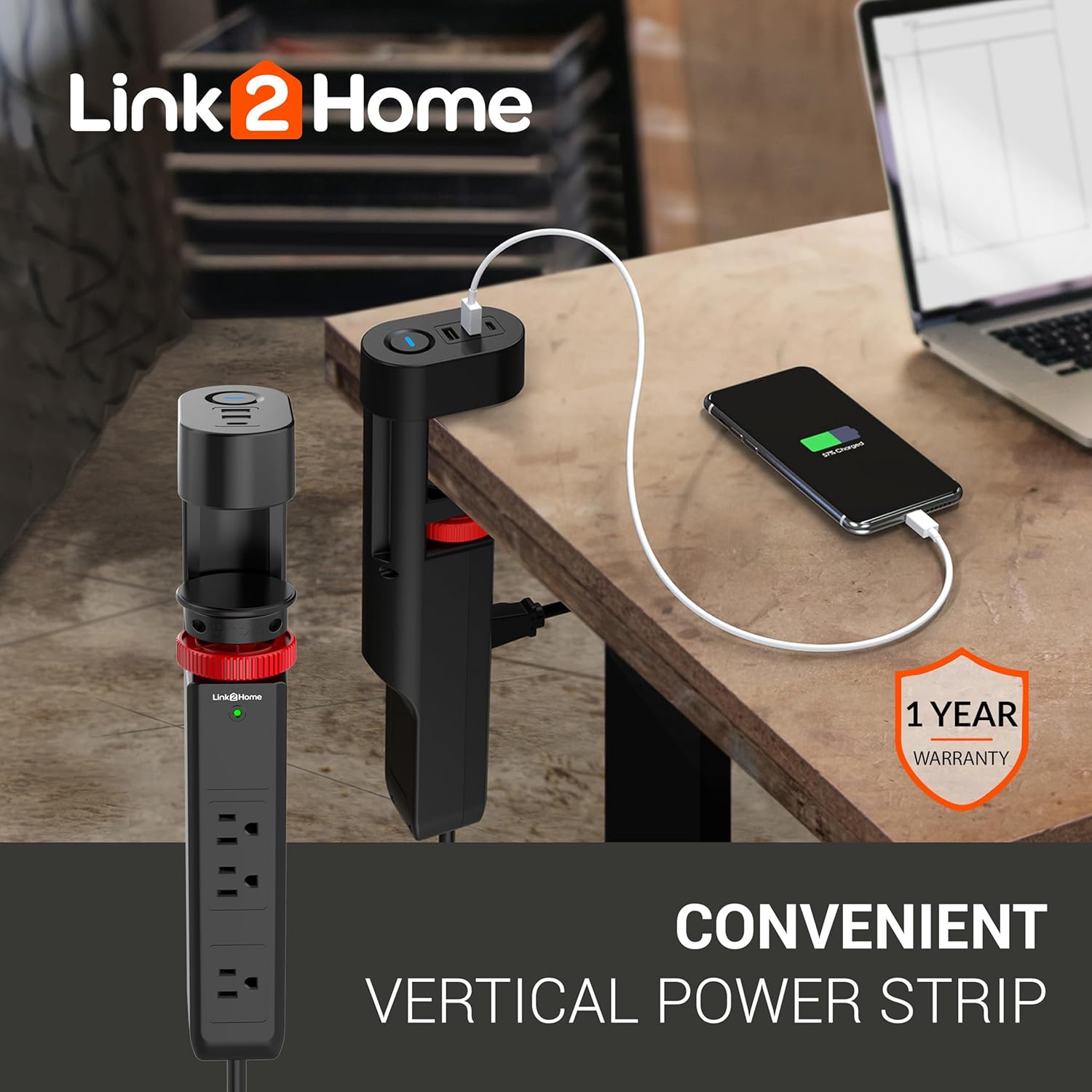 Link2Home Clamp Power Strip, 3 Outlets, 3 USB, 6 ft. Cord, Black