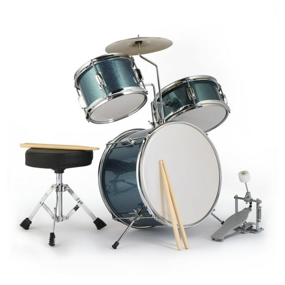 3-Piece Kid Drum Sets for Beginners, 14 inch Junior Drum Kit with Bass Drum, Tom-Tom Drum, 10" Cymbal, Bass Pedal & Round Drum Stool, Sky Blue