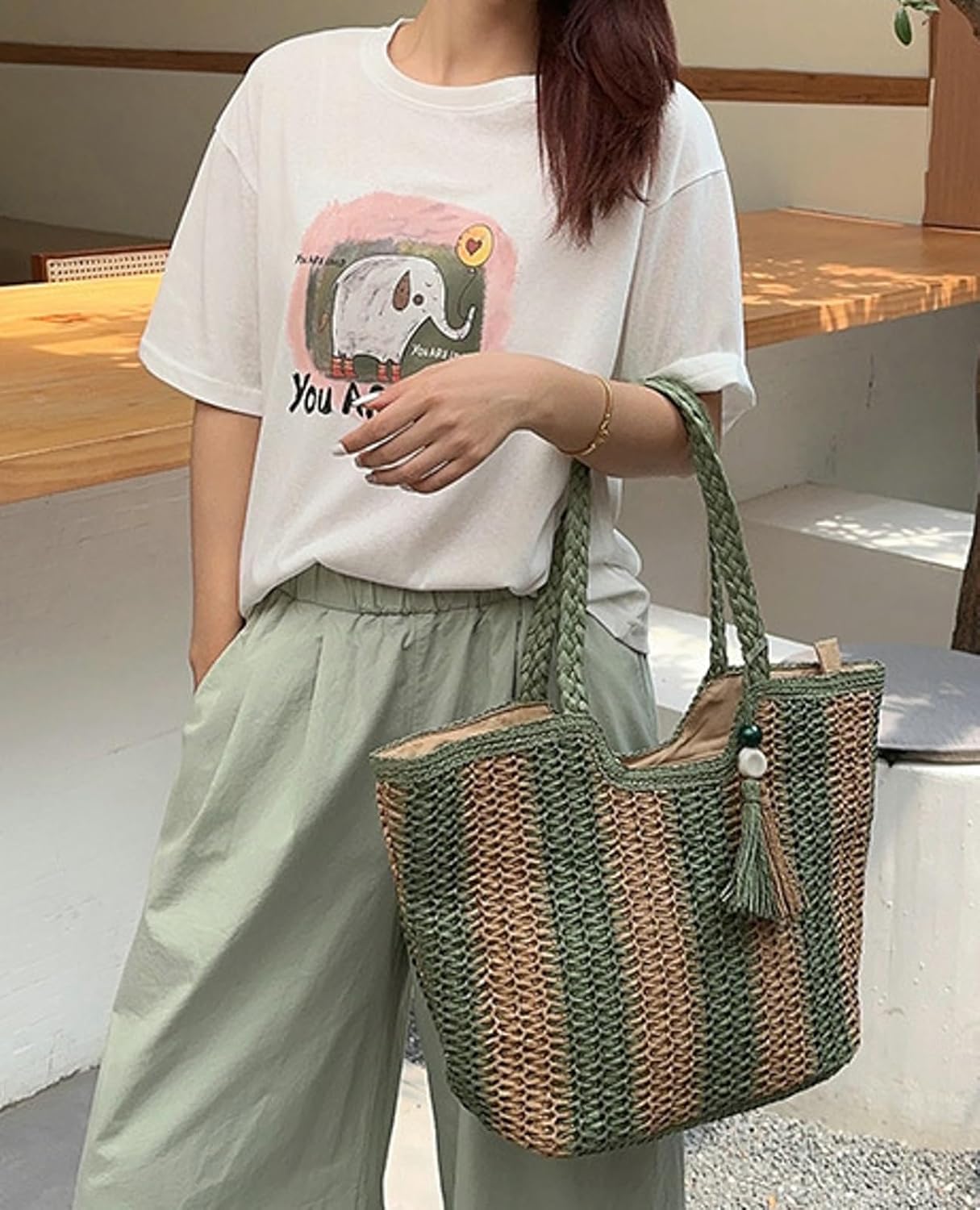 Zhengup Shoulder Bag Women Beach Tote Bag Ladies Straw Purses Handbags Summer Crochet Hand Woven Stripe