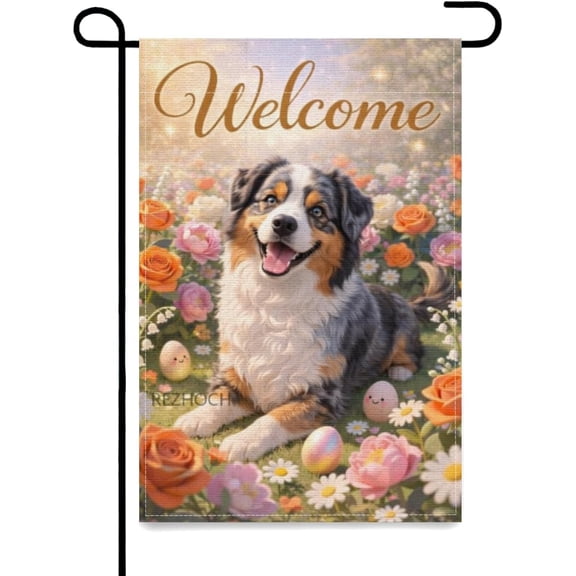 Australian Shepherd Welcome Garden Flag, Double Sided Dog Floral Outdoor Yard Decor, 12 x 18 Inch