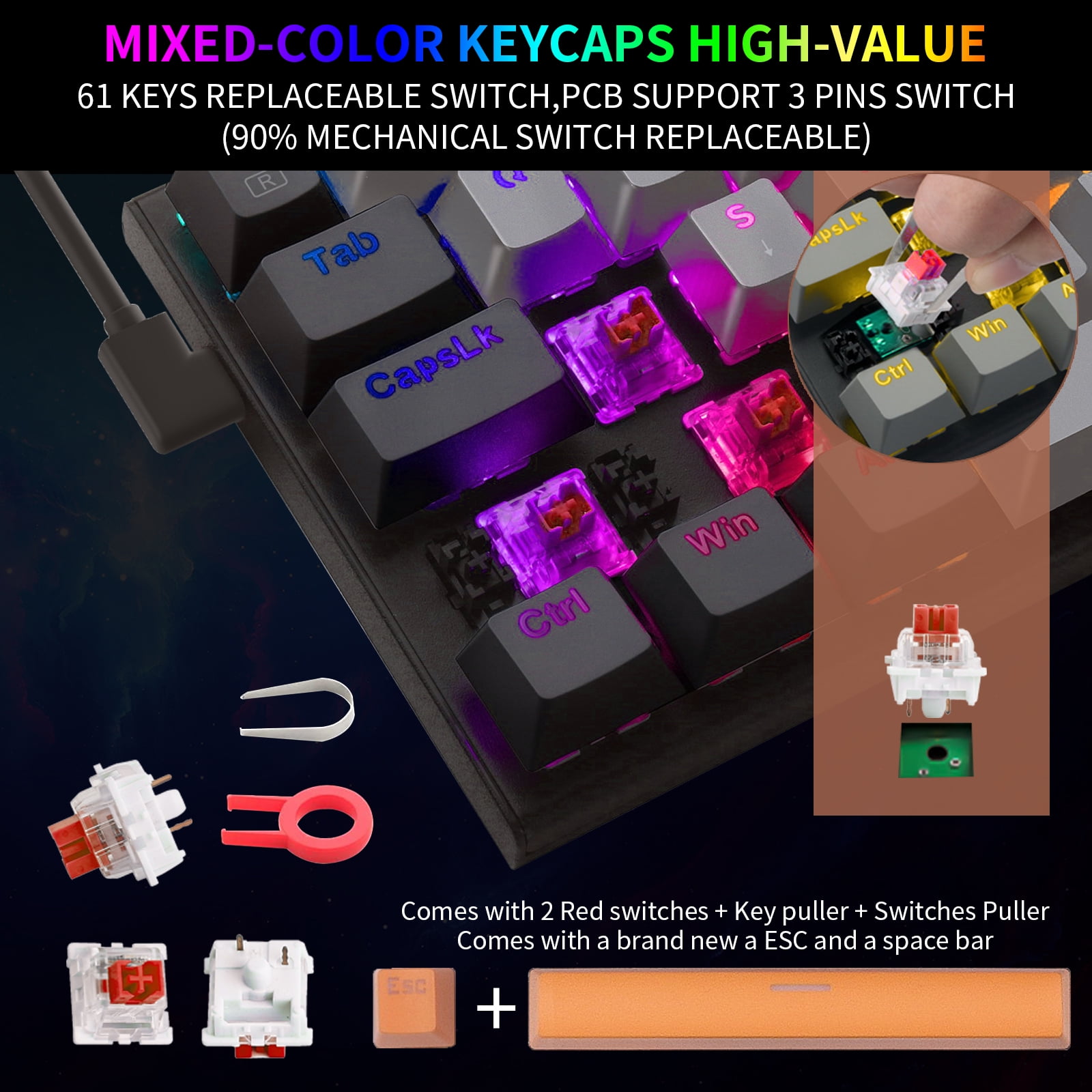 60% Wired Mechanical Gaming Keyboard, E-YOOSO RGB Backlit Ultra-Compact 61 Keys Hot Swappable Mini Waterproof Wired Office Keyboard with Red Switches for Windows, Mac OS Gamers (Grey Black)
