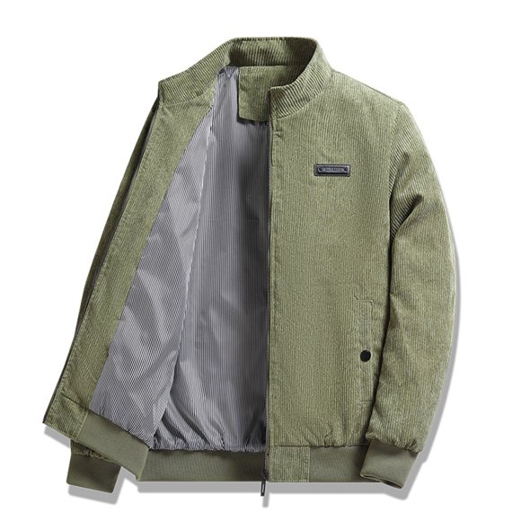 Men's Corduroy Jacket, Stand Collar Long Sleeve Coat with Pockets, Casual Polyester Outerwear for Daily Winter and Spring Wear