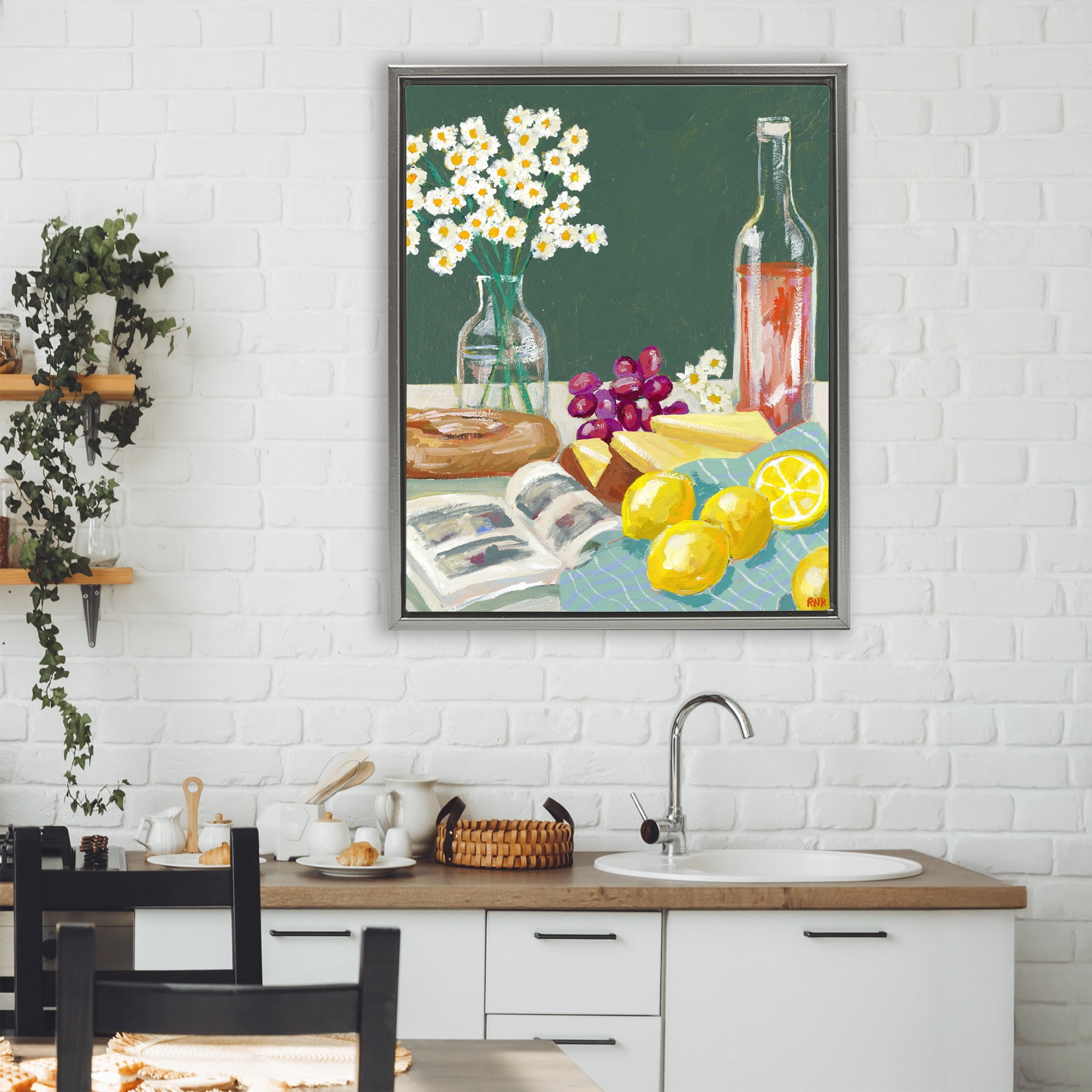 Stupell Industries Cheese, Wine and Lemon Still Life Gray Framed Floater Canvas Wall Art, design by Rachael Reese