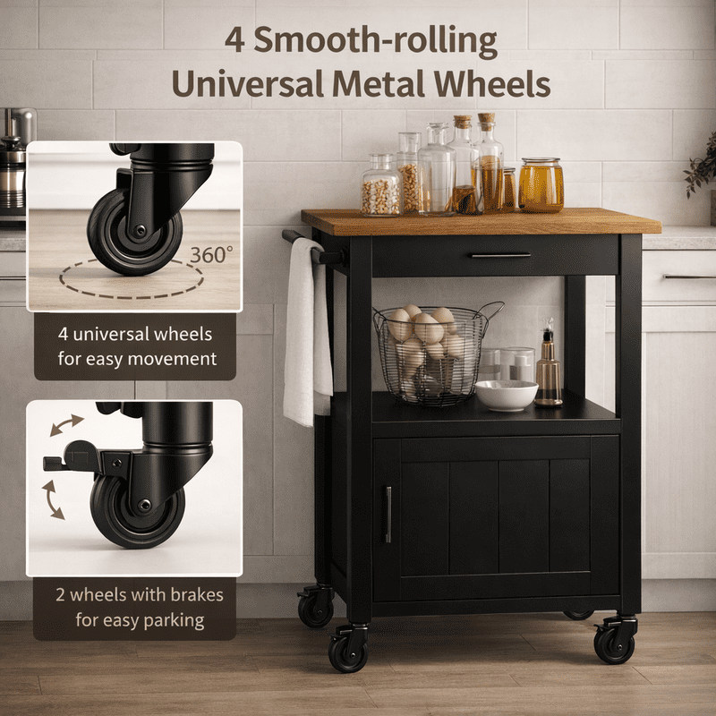 Rolling Kitchen Island Cart with Rubber Wood Countertop, Mobile Storage Cart Featuring Drawer, Cabinet, Shelf and Side Hooks, Compact Microwave Stand for Small Kitchen Spaces, Black