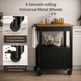 thumbnail image 5 of Rolling Kitchen Island Cart with Rubber Wood Countertop, Mobile Storage Cart Featuring Drawer, Cabinet, Shelf and Side Hooks, Compact Microwave Stand for Small Kitchen Spaces, Black, 5 of 9