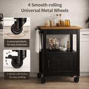 Rolling Kitchen Island Cart with Rubber Wood Countertop, Mobile Storage Cart Featuring Drawer, Cabinet, Shelf and Side Hooks, Compact Microwave Stand for Small Kitchen Spaces, Black