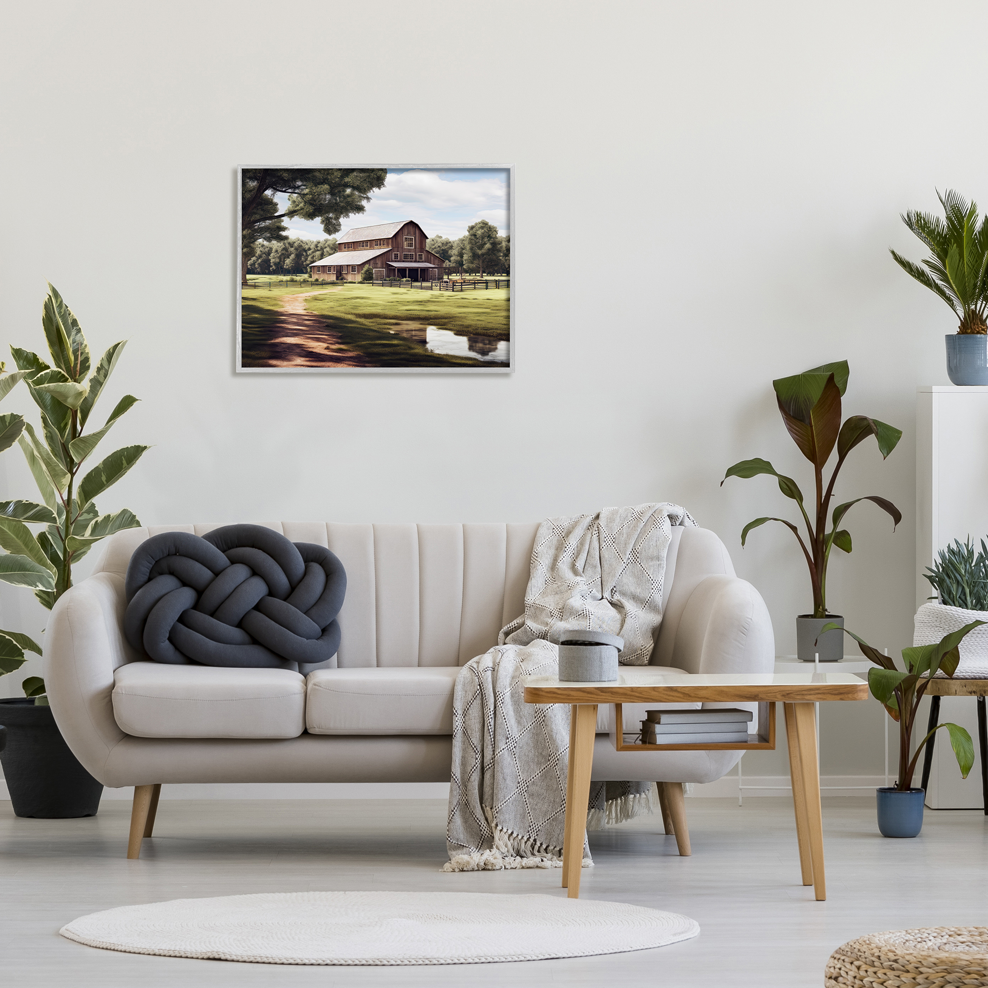 Stupell Industries Farmhouse Barn & Stream Landscape Painting Gray Framed Art Print Wall Art, 30 x 24