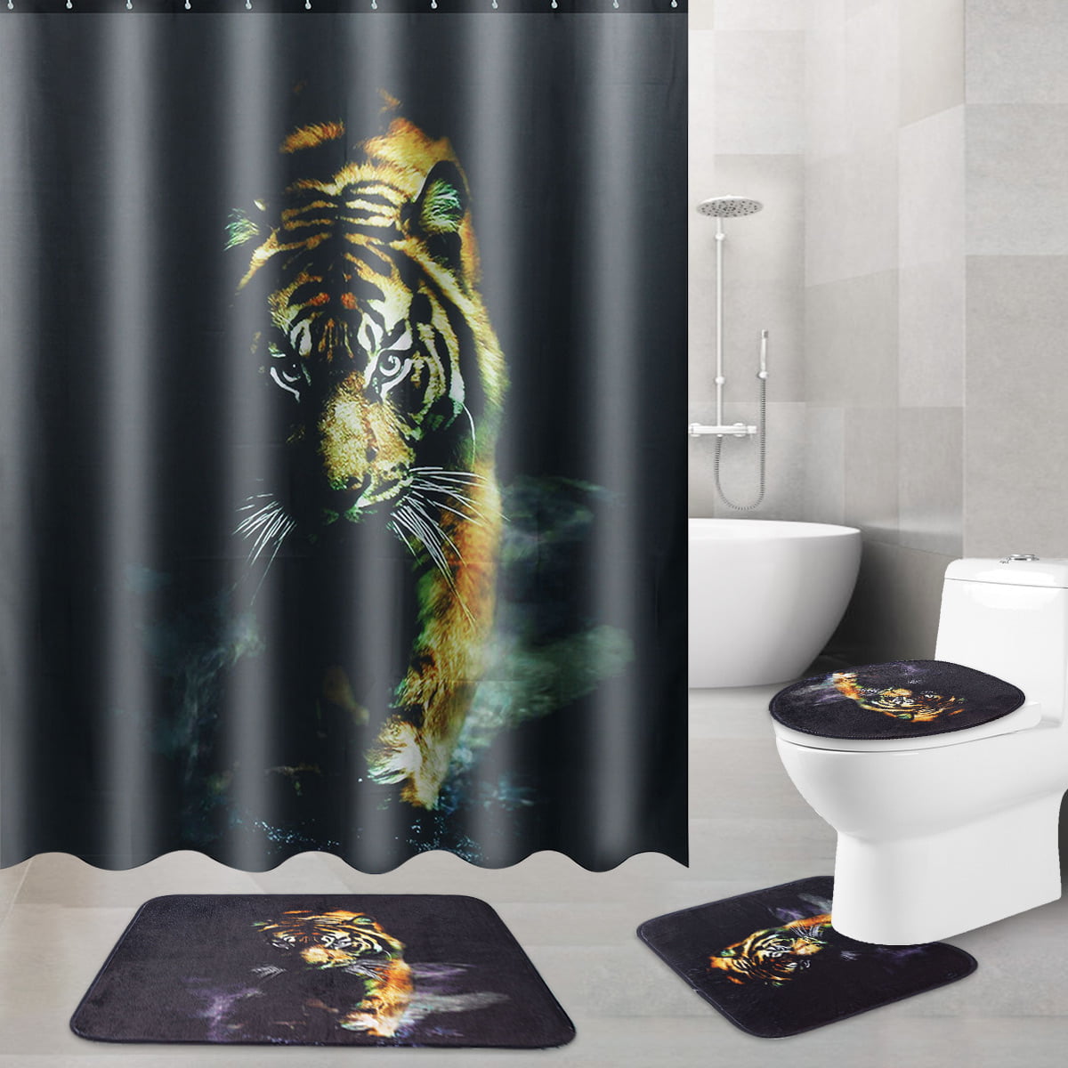 US Tiger Shower Curtain Hook Bathroom Carpet Rug Toilet Seat Cover Lid  Bath Mat 