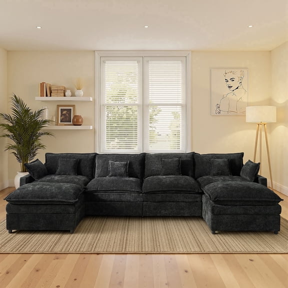 Ovios 142" Modular Sofa U-Shaped Cloud Sectional Couch with 2 Ottomans, Comfy Deep Seat Chenille Sofa for Living Room, Apartment, Black