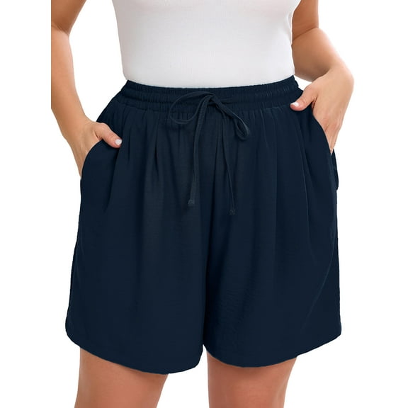 SHOWMALL Women's Plus Drawstring Shorts Navy Blue 2X Summer Elastic Waist Casual Lightweight with Pockets