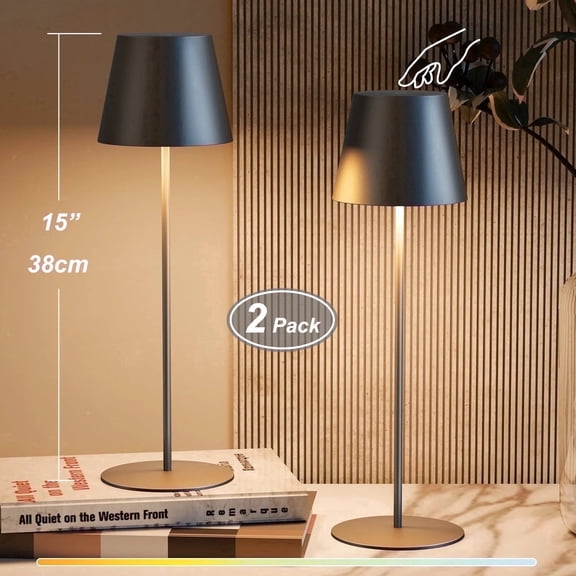 Postlucky 2‑Pack Cordless Rechargeable Table Lamp, Touch Adjustable Color Temperature LED Lamp, IP44 for Bedroom Patio Indoor OutdoorMetal , Matte Black