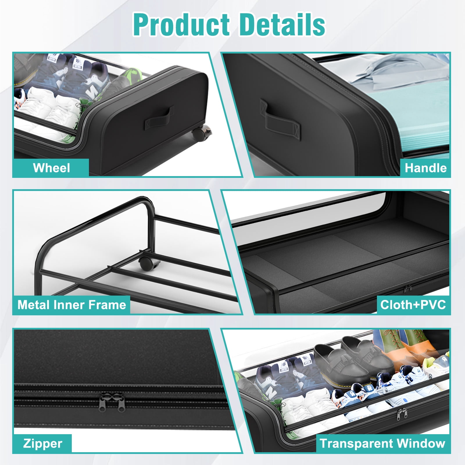 Under Bed Storage with Wheels, 2 Pack Under Bed Storage Containers, Under Bed Shoe Storage Organizer, Rolling Under Bed Metal Drawer for Clothes, Black