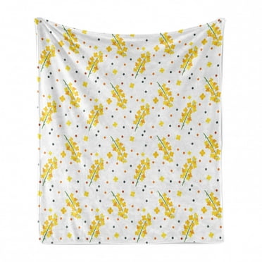 Mustard Soft Flannel Fleece Throw Blanket, Pattern with Floral Branch and Polka Dots Abstract Botanical, Cozy Plush for Indoor and Outdoor Use, 60" x 80", Multicolor, by Ambesonne