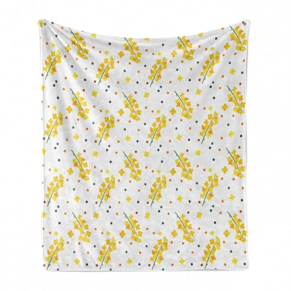 Mustard Soft Flannel Fleece Throw Blanket, Pattern with Floral Branch and Polka Dots Abstract Botanical, Cozy Plush for Indoor and Outdoor Use, 70" x 90", Multicolor, by Ambesonne