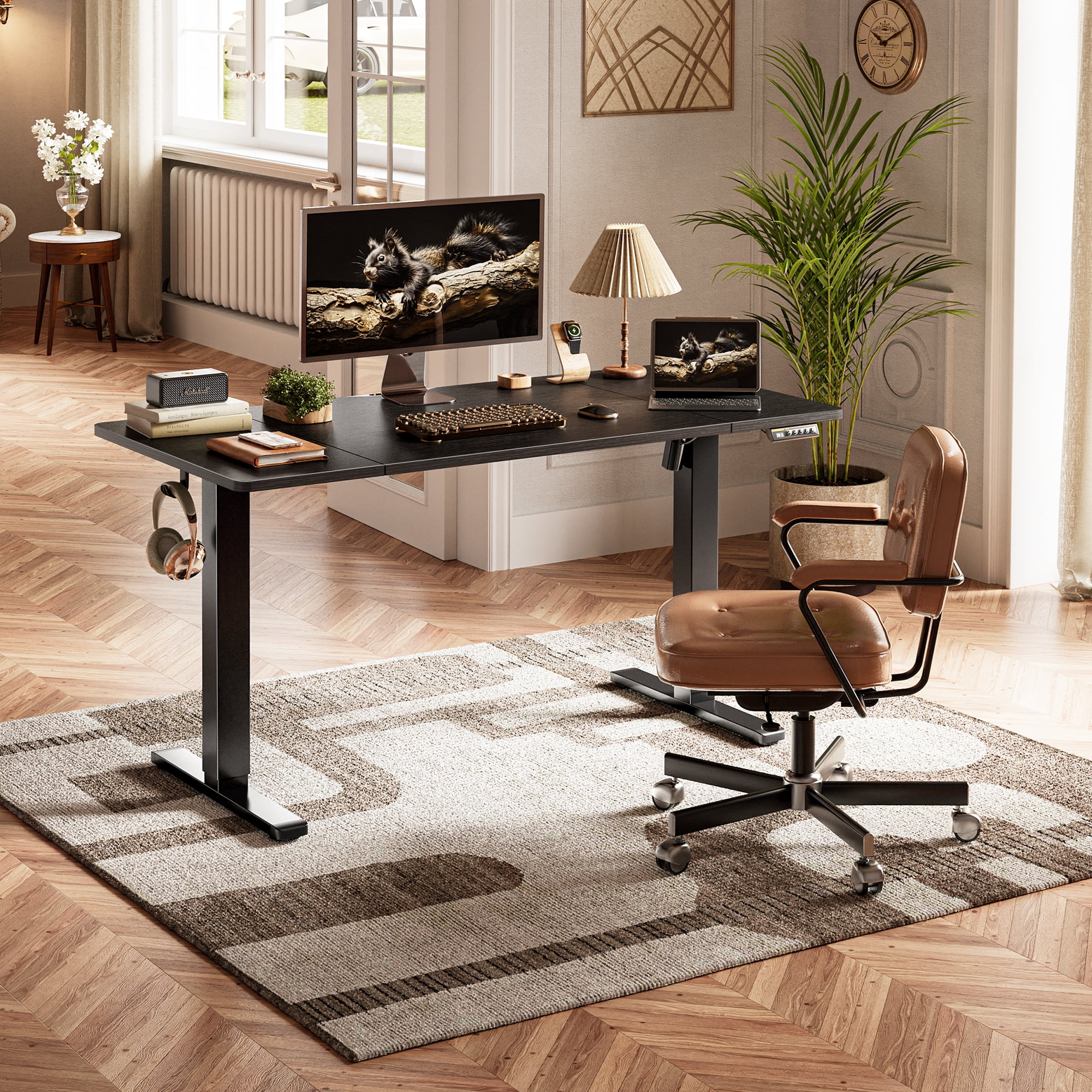 Amadwell 55" Electric Height Adjustable Standing Desk, 27.6" Deep Work Table with Cable Management, Home Office Desk