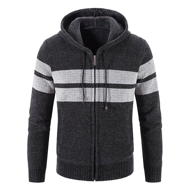 Chandail d'Hiver à Capuche pour Hommes Cardigan à Manches Longues Rayé Mode Chaud Épais Confortable Élégant Décontracté