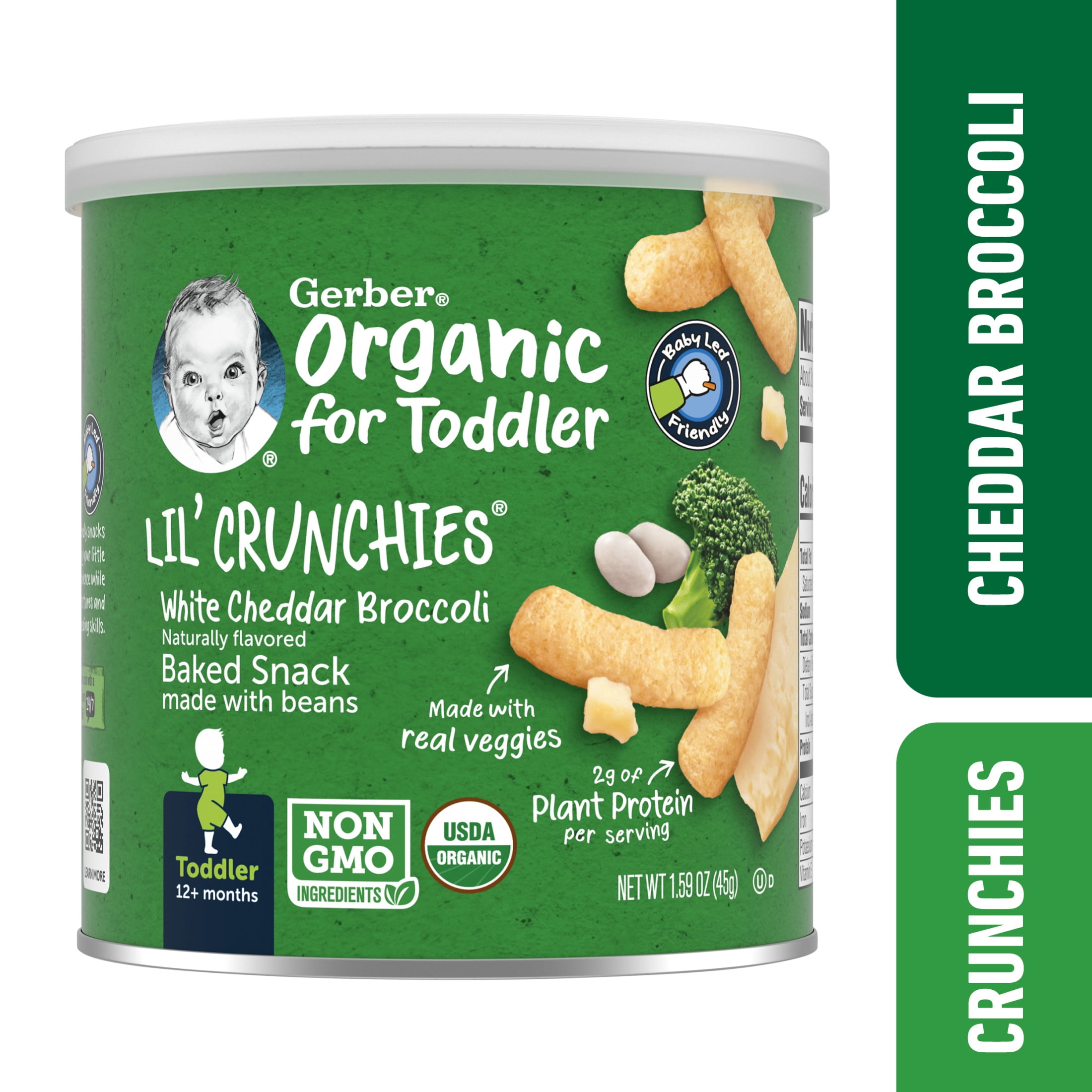 (6 pack) Gerber 2nd Foods Organic for Toddler, Lil' Crunchies, White Cheddar Broccoli, 1.59 oz Canister