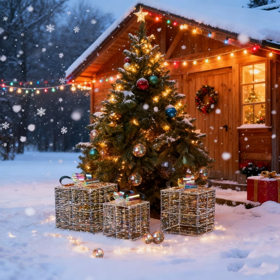 iCapeson Set of 3 Lighted Gift Boxes with 140 Warm White LEDs, Iridescent Nestable Christmas Present Boxes with Ground Stakes for Outdoor Indoor Holiday Decor, Lawn & Porch Lighted Displays