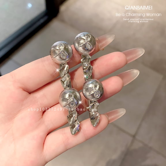 Korean-style silver high-end hair clips for women, one-word clips with crystal beads and rhinestone edges, trendy and exquisite hair accessories