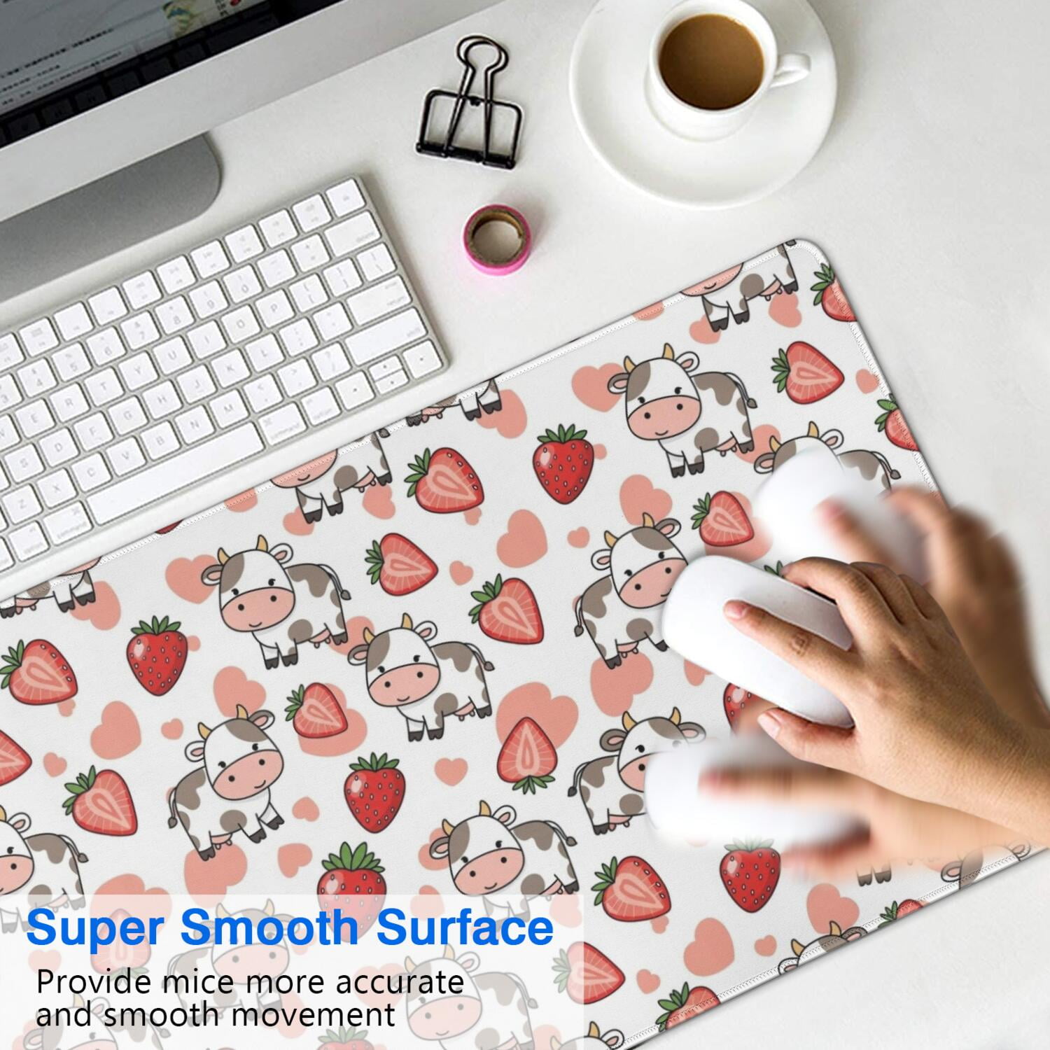 Long Mouse Pads for Desk,White Cow Strawberry Heart Pattern Desk Mats on Top Of Desks, Desk Mouse Pad Extra Large with 3mm Non-Slip Base and Stitched Edge for Gaming,Office,Work,Home 31.5"x15.7"
