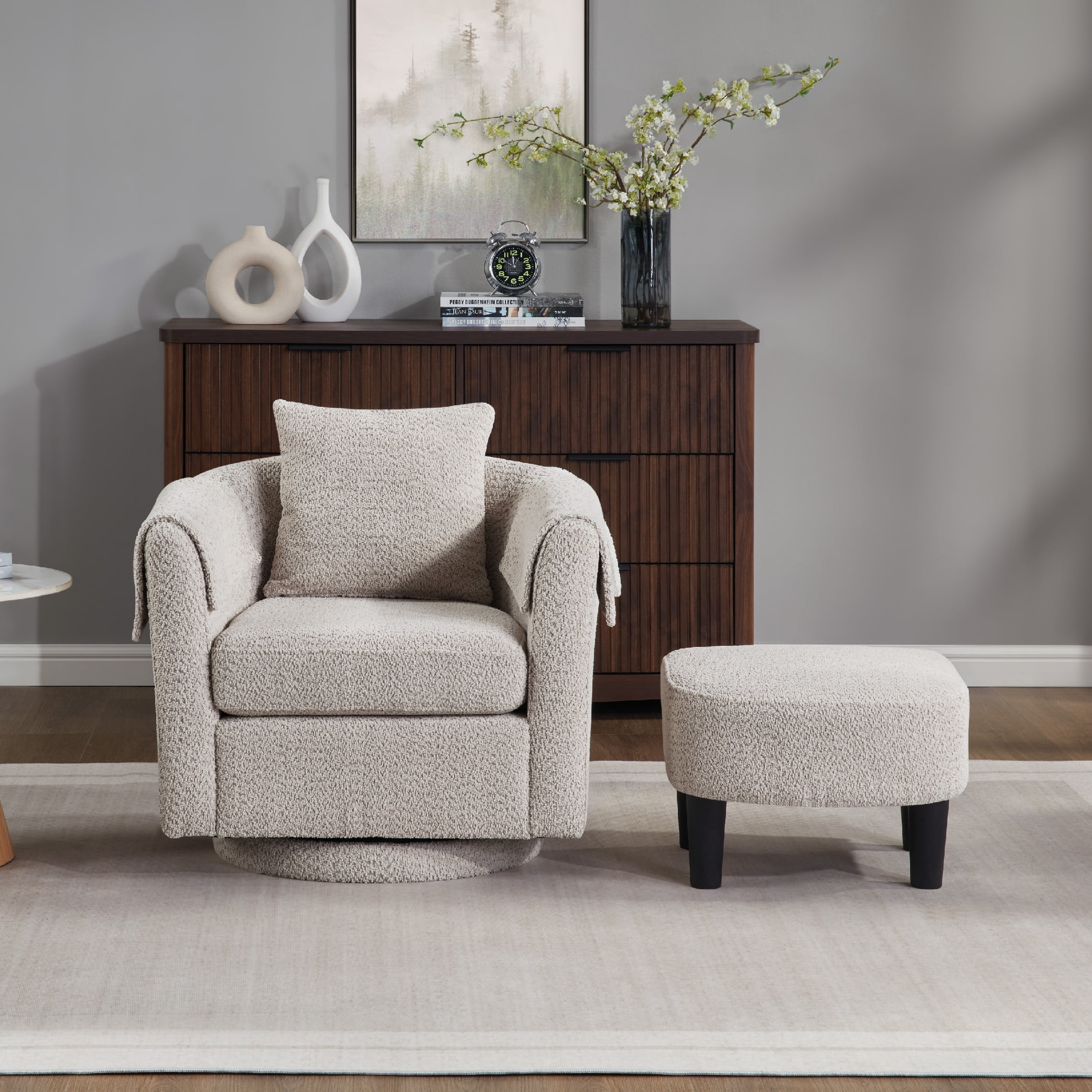 MAYEERTY Swivel Accent Chair with Ottoman, Chenille Barrel Chair for Living Room/Office, Gray