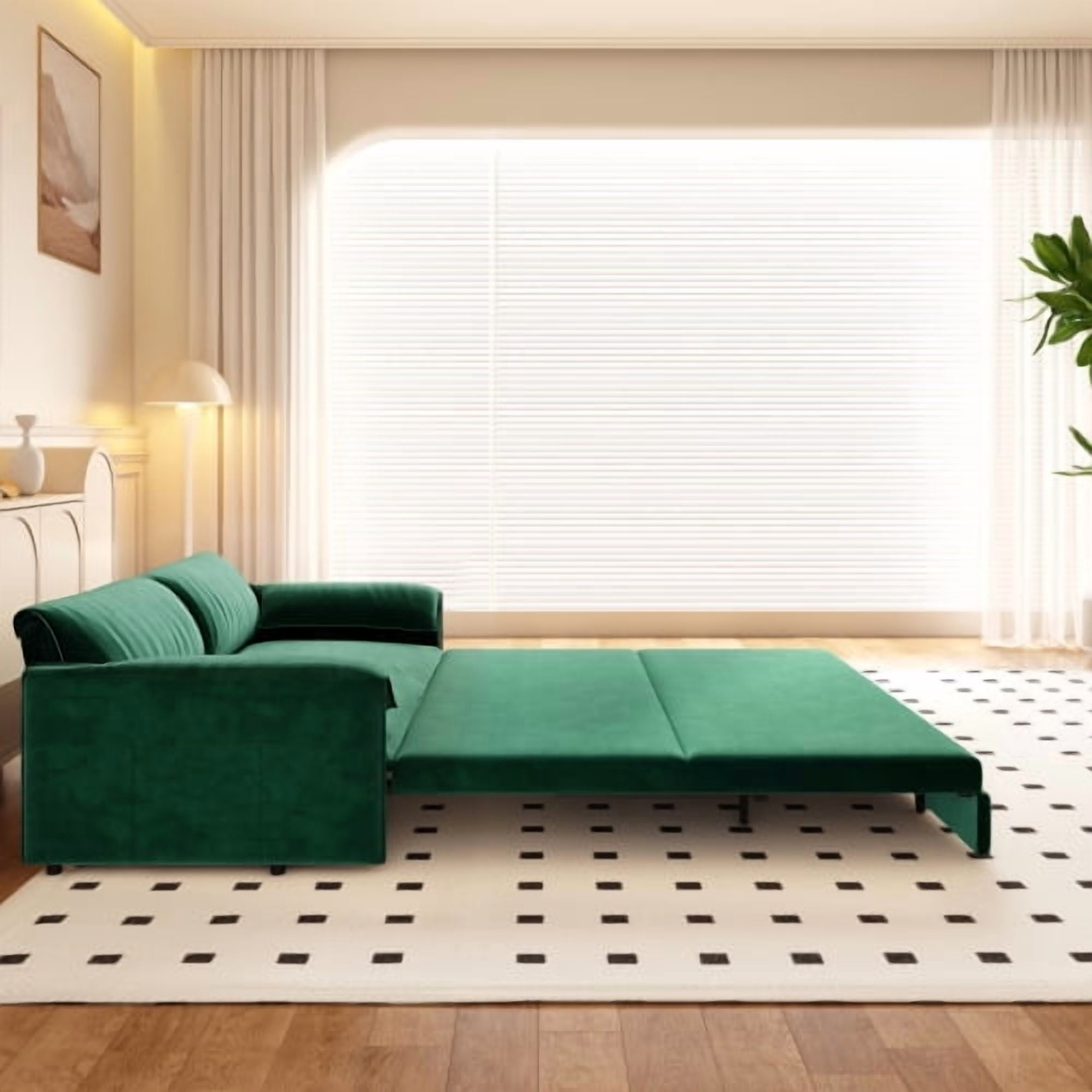 66" Queen Pull Out Sofa Bed, 3-in-1 Convertible Velvet Sleeper Sofa with Side Storage, Loveseat Bed for Living Room, Green