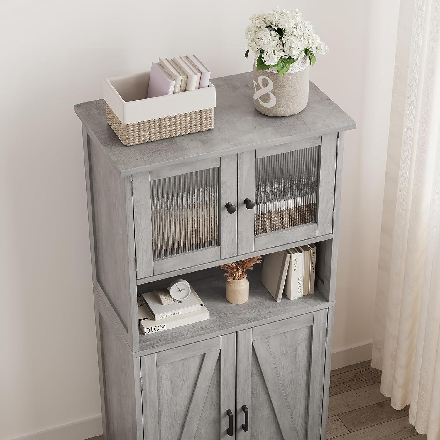 HOSSLLY Double Bathroom Storage Cabinet, Floor White Wooden Linen Cabinet with Shelves and Glass Doors, Kitchen Cupboard, Grey