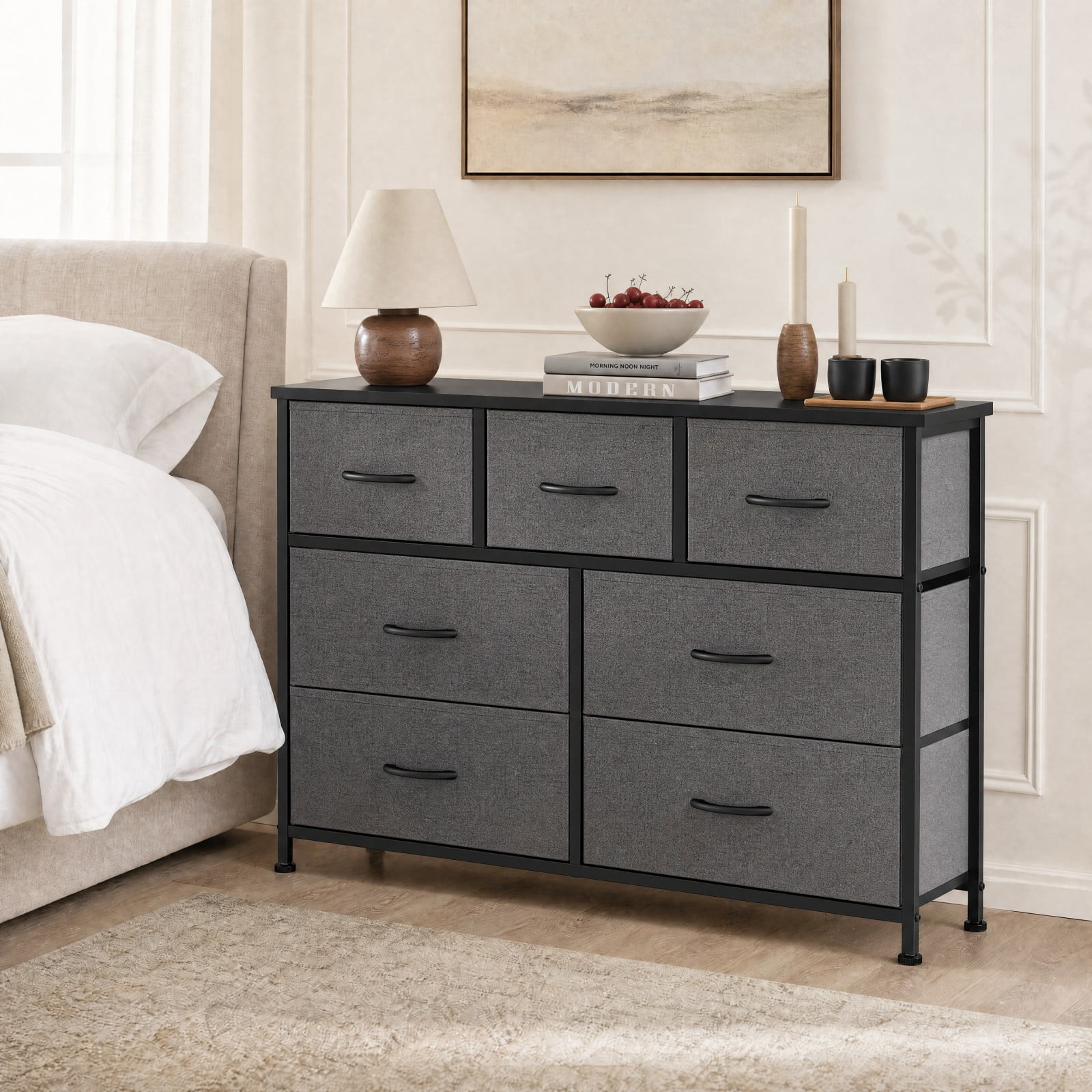 Telyra 7-Drawer Fabric Dresser TV Stand Organizer with Wood Top and Metal Frame Wide Storage Chest, Gray