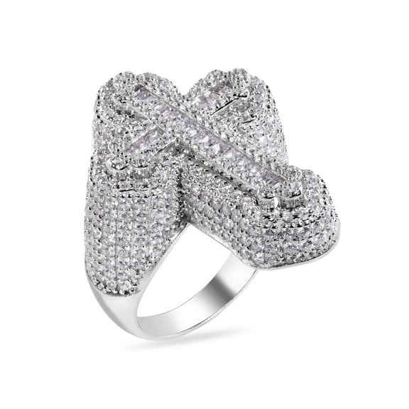 Rhodium Plated Sterling Silver Cross Baguette Clear Cubic Zirconia Studded Ring White Female Size 10