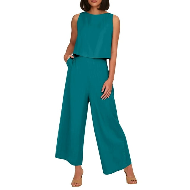 Conjunto de dos piezas de lino de color liso para mujer: top corto sin mangas con botones y pantalones de pierna ancha, tejido transpirable para el verano