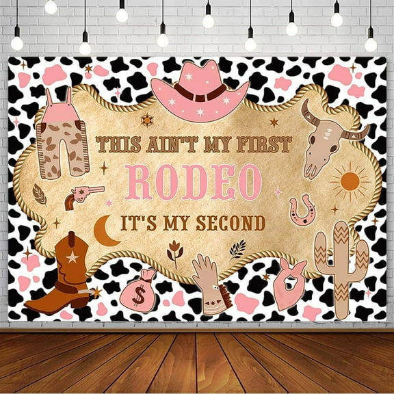 My Second Rodeo 2nd Birthday Backdrop Western Cowgirl Second Bday Photo Photography Background Cow Print Wild West Rustic Wood Boot Hat Party Decorations Banner Photo Shoot Studio Props