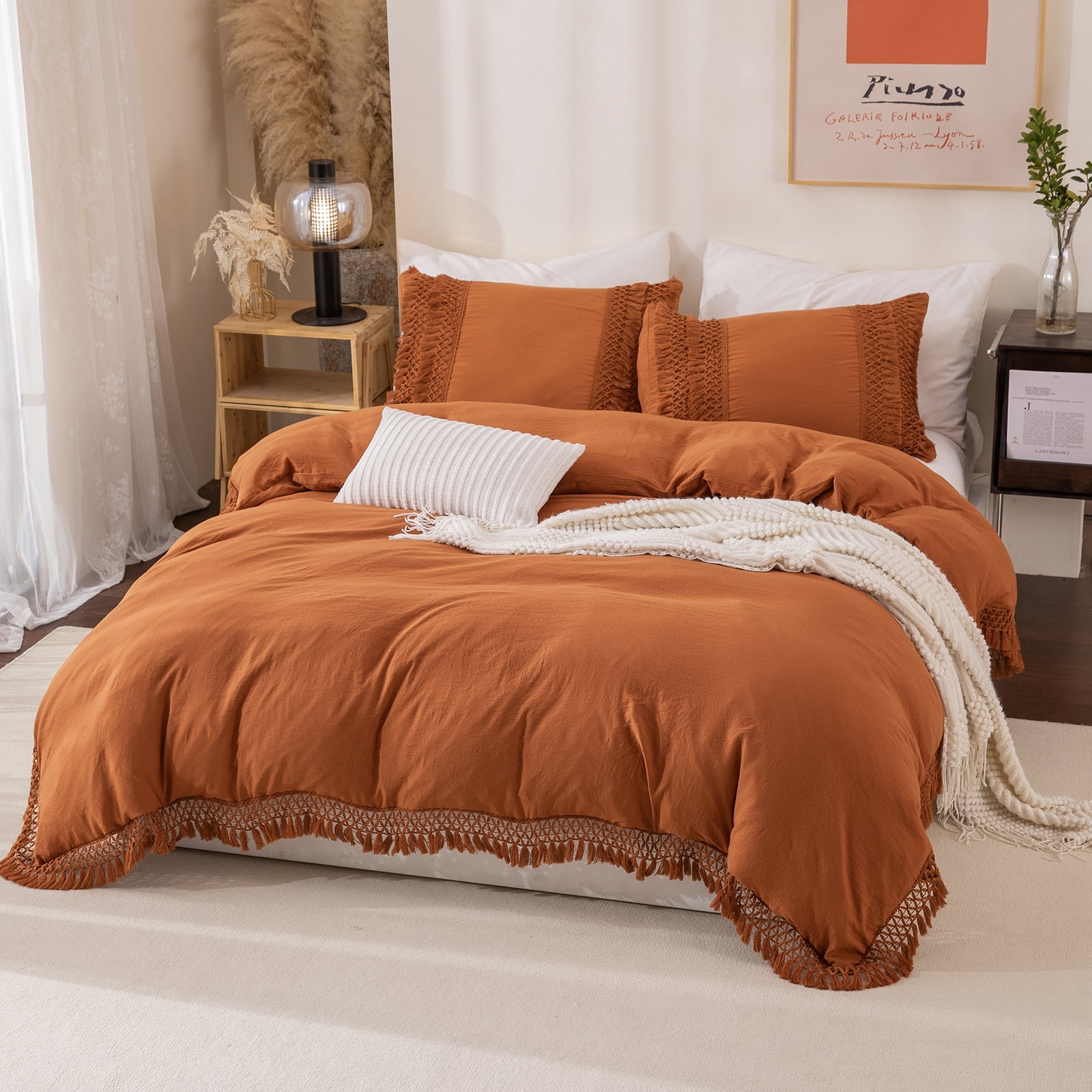 Move Over Burnt Orange Bedding Sets King Washed Microfiber Macrame Tassel Pattern Boho Duvet Cover Set No Filling