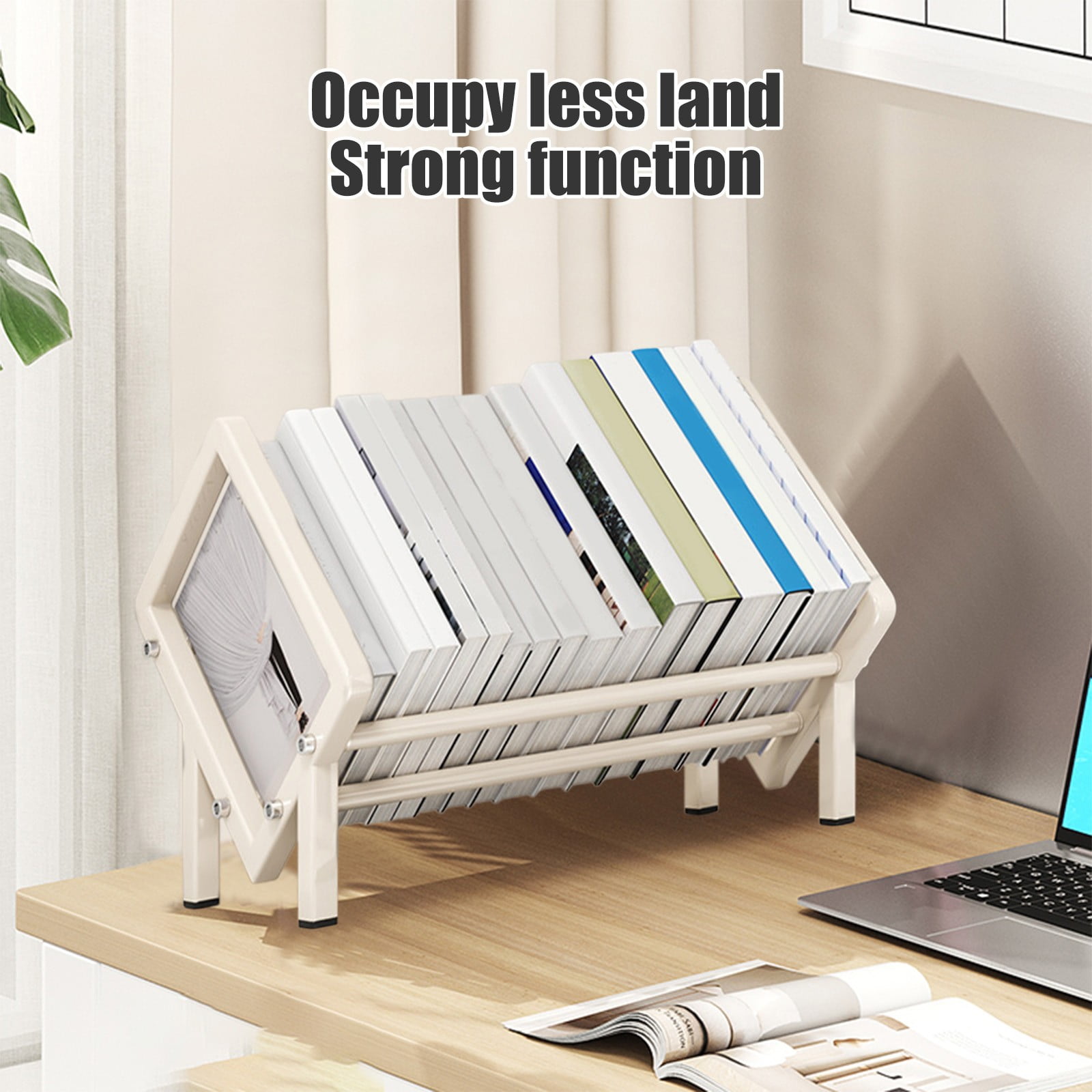 Merryso Stainless Steel Desk Bookshelf, White Small Desktop Book Storage Rack, Rustproof Desk Organizer for Books, Files & Learning Supplies, Modern Open Shelf Design