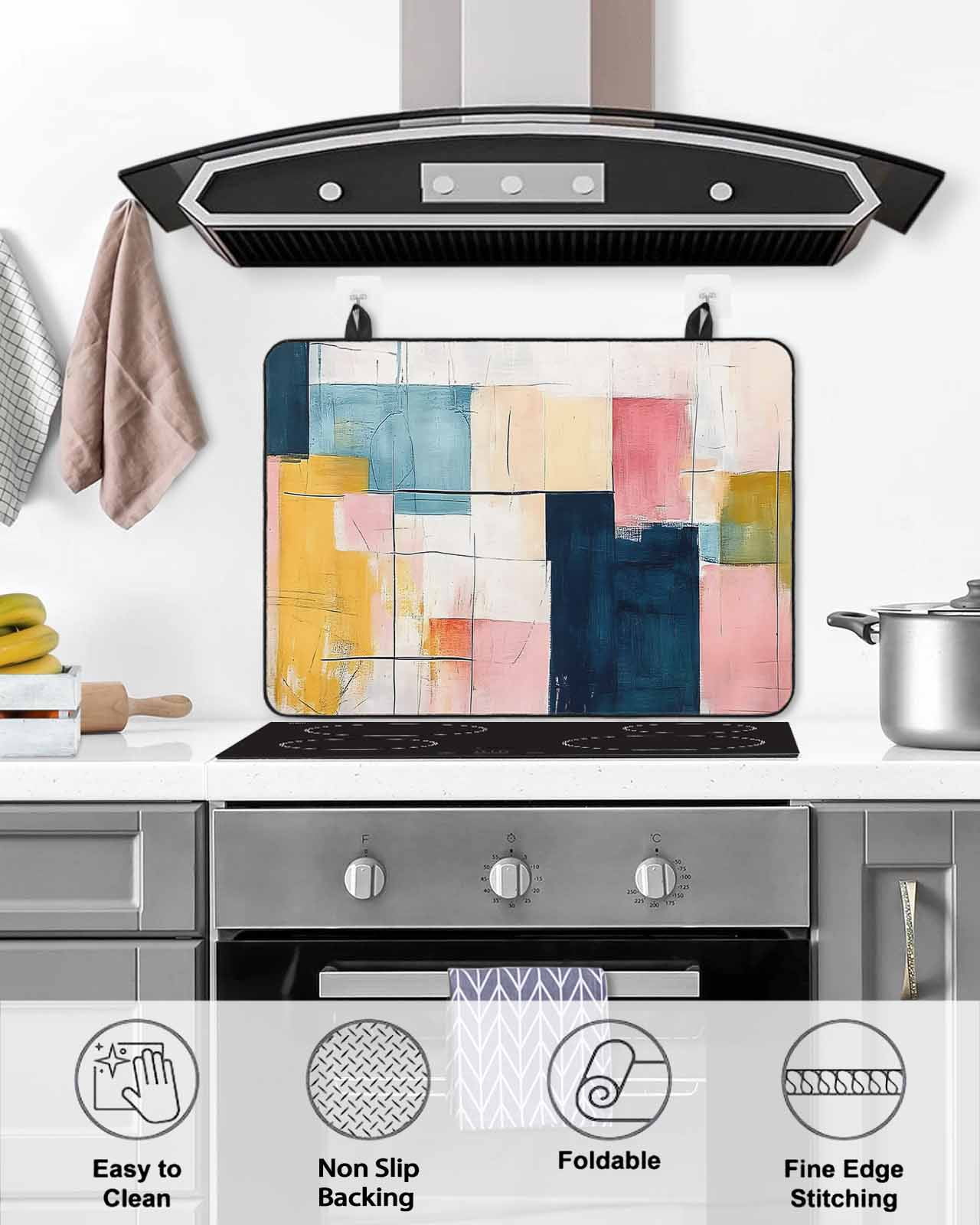 nqOlkjepod Large Induction Cooktop Protector Mat 24"x21", Pink Blue Yellow Stove Top Covers for Electric Stove, Modern Colorful Abstract Ombre Art Stove Burner Cover Mats, Glass Top Stove Cover
