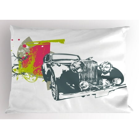 Custom Pillow Shams Vintage Pillow Sham Pop Art Retro Custom Classic Car with Grunge Effects Illustration, Decorative Standard Queen Size Printed Pillowcase, 30 X 20 Inches, Pink Lime Green Slate Blue, by Ambesonne ()